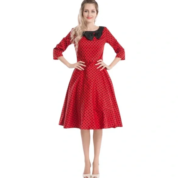 Lindy Bop size small vintage red black polka dot midi dress bow 3/4  sleeves